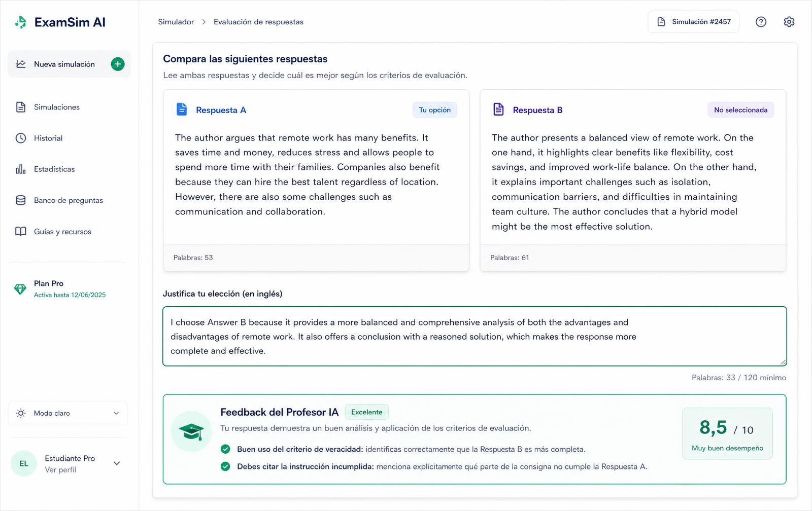 Simulador de evaluación A/B con feedback del profesor IA y puntuación 8,5 sobre 10